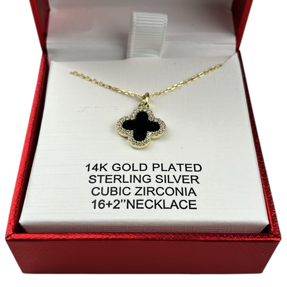 Rachel Zoe 14K Gold Plated 925 Silver Clover Necklace Black NWT